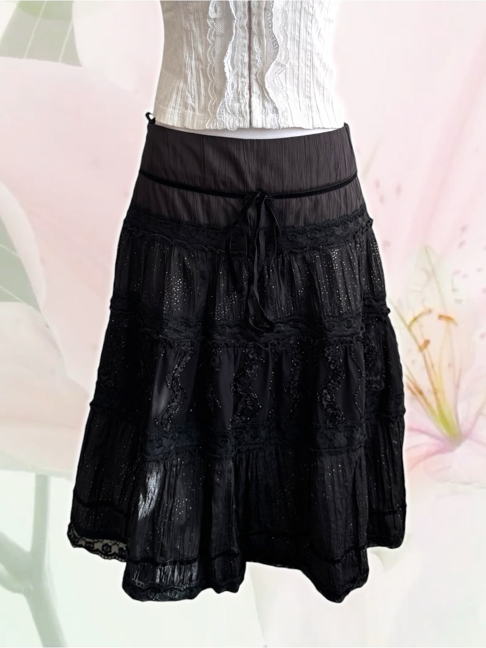 Mano Vintage Black Lace Trim Embellished Tiered Skirt (Size 7)